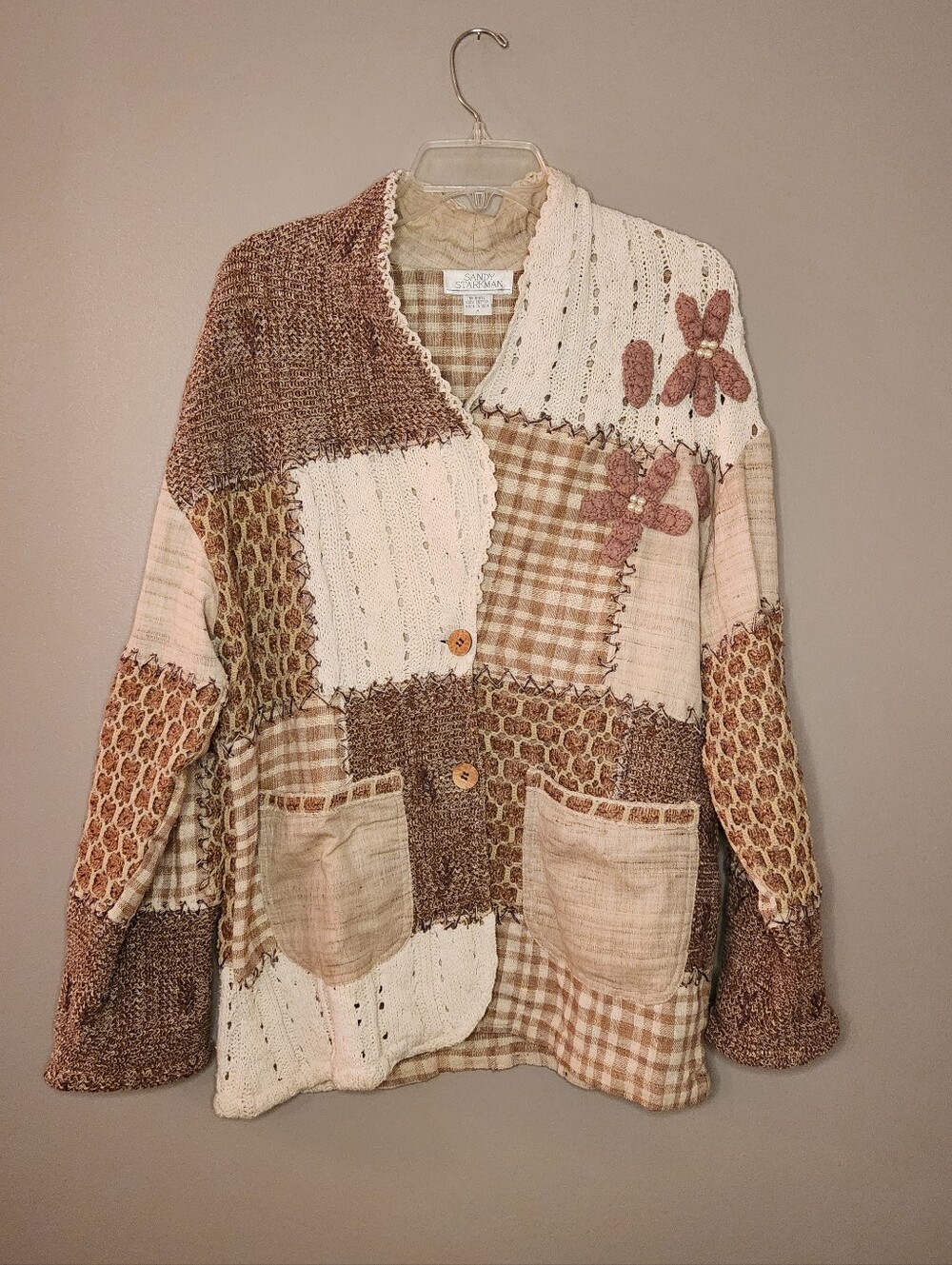 Vintage Sandy Starkman Patchwork Knit Cardigan Size Medium Cottagecore